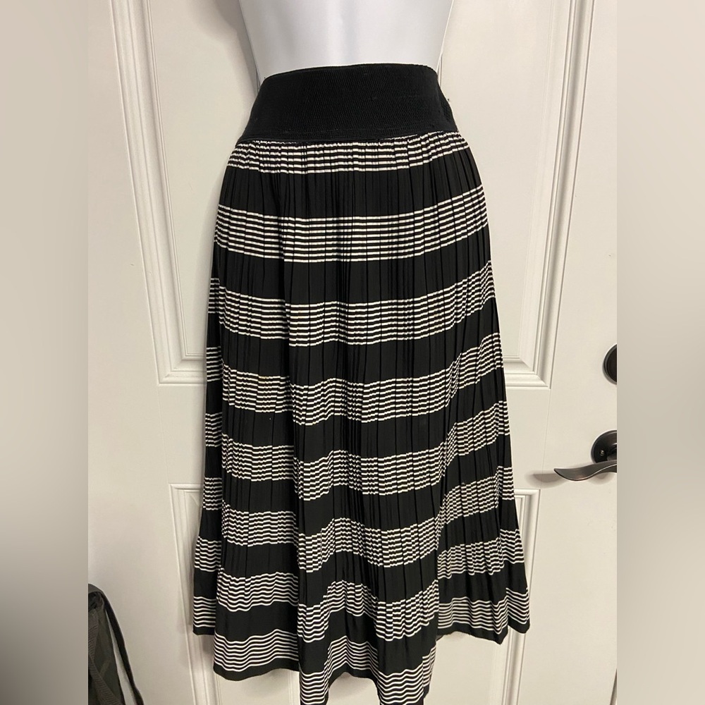 T20a- Metro Wear Black-White Striped Retro Flared Midi Skirt